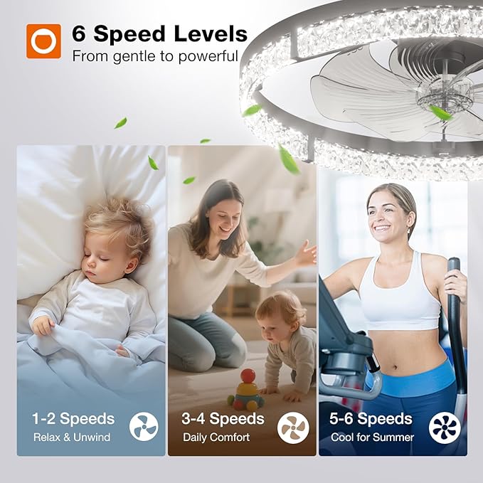 addlon Ceiling Fans with Lights and Remote, 24'' Low Profile Flush Mount Ceiling Fan, 3000–6000K Dimmable LED Fandelier, Bladeless Crystal Fan Light for Bedroom, Kitchen, Living Room, Black