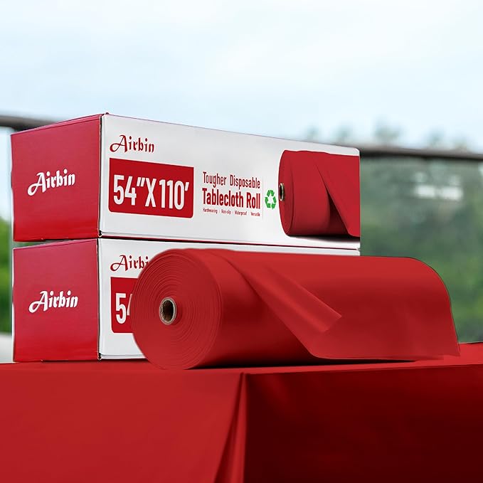 Plastic Table Cloth, 110 Ft X 54 in Disposable Tablecloth Red Tablecloth Premium PEVA Plastic Table Cloth Disposable with Any Cut Sliding Cutters for Picnics, Parties, Birthdays, Festivals
