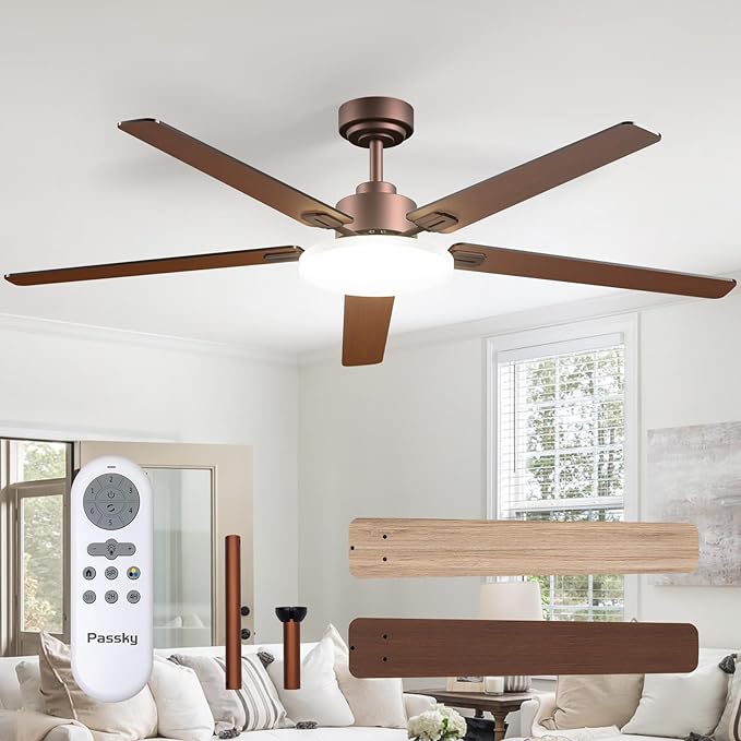 Passky Ceiling Fans with Lights, 60 inch Sleek Ceiling Fan with Light and Remote Control, 3CCT, Dimmable, Reversible, Noiseless, Brown Ceiling Fan for Bedroom, Living Room