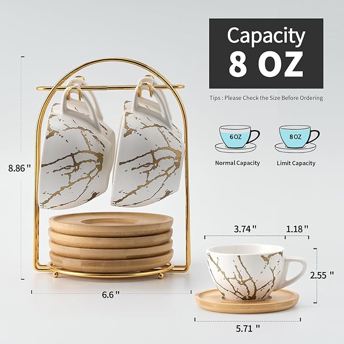 LUKA Ceramic Demitasse Espresso Cups Set with Saucers and Metal Stand, 8 oz Porcelain Stackable Cappuccino Cups Teacup For Tea, Espresso, Latte, Coffee, Cafe Mocha, Set of 4, White | Demitasse, Set, with Saucers, and Metal Stand, Stackable, Cappuccino ...
