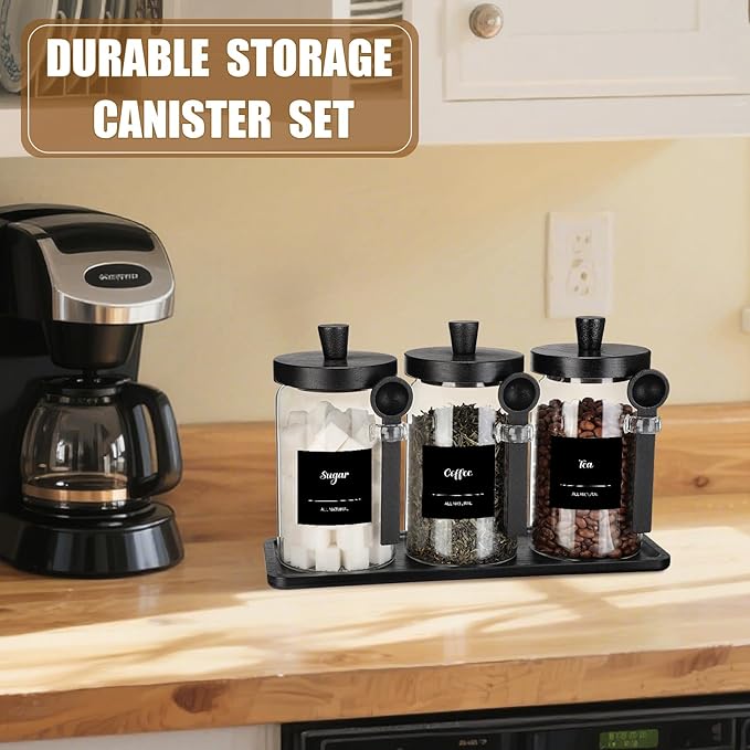 Suclain 3 Pcs Glass Coffee Container with Wooden Lid Spoon Shelf Labels Clear Airtight Jar Food Storage Canister Set for Sugar Spice Coffee Bean Holder Housewarming Gift(25 oz,Black Bamboo)