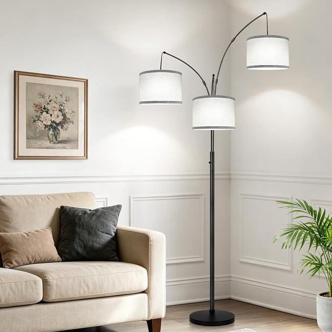 Dimmable Floor Lamp, 3 Lights Black Arc Floor Lamp, Modern Tall Standing Tree Lamp with Grey Linen Shades & Heavy Base, 3000LM LED Bulbs, Bright Lighting for Living Room, Bedroom, Office & Reading