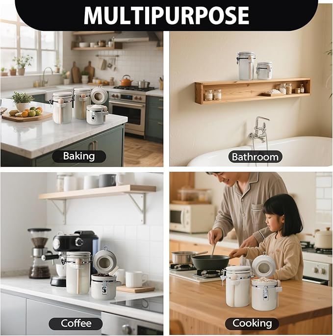 4-Piece Airtight Ceramic Canisters Set with Wooden Spoons & Chalk Labels – Perfect for Coffee, Sugar, Flour, Tea (Cream) – Stylish & Leakproof Kitchen Storage