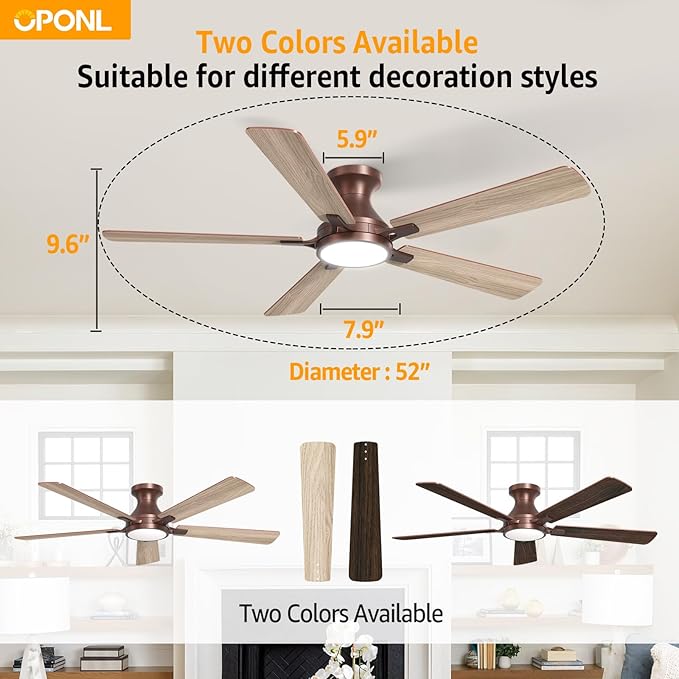 OPONL 52 Inch Brown Ceiling Fan with Light, Remote Control, Low Profile, Noiseless, Reversible, Dimmable, Timeable, Metal Housing, Flush Mount Ceiling Fans with Lights for Bedroom, Indoor/Outdoor Use