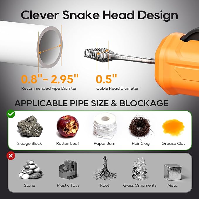 Ublue 21V Cordless Electric Drain Auger, 25Ft Auto Feed Drain Snake for Clog Remover with 2.0Ah Battery, Plumbing Snake for Sink Toilet Bathroom Shower Pipes 3/4"-2.95", Included Bag Gloves Rag