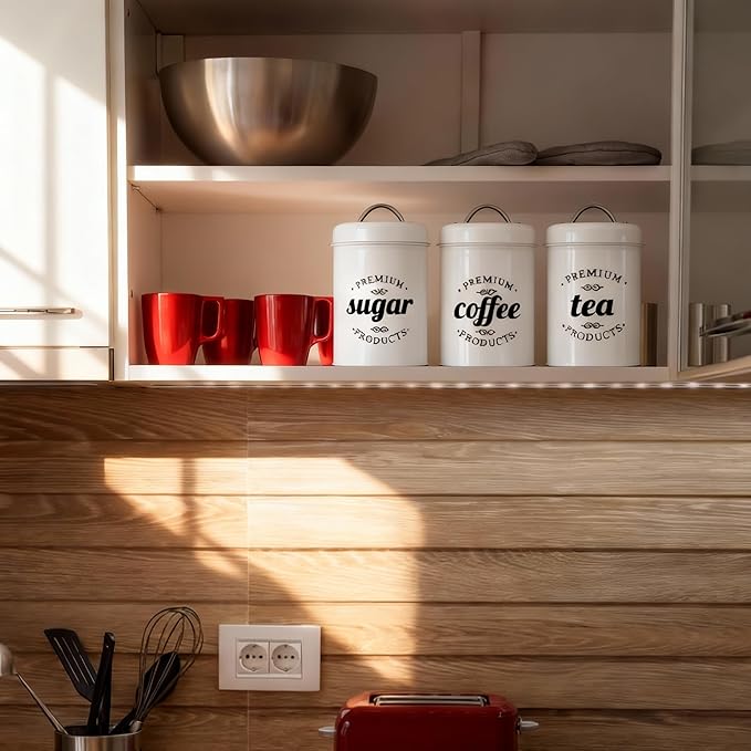 3 Piece Food Jars Canisters Sets, Airtight Coffee Container, Tea Organizer, And Sugar Canister, Rustic Farmhouse Decor for Kitchen Countertop (White)