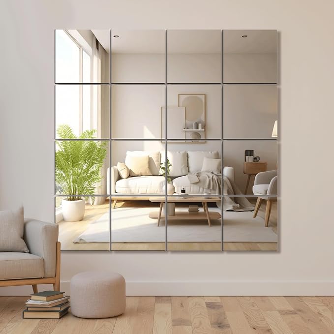 Delma Home Gym Mirrors, 12'' x 12'' Glass Mirror Tiles, 16 PCS | Square Large Wall Mirror, For Home Gym, Bedroom, Door, Bathroom, Frameless Mirror Sets
