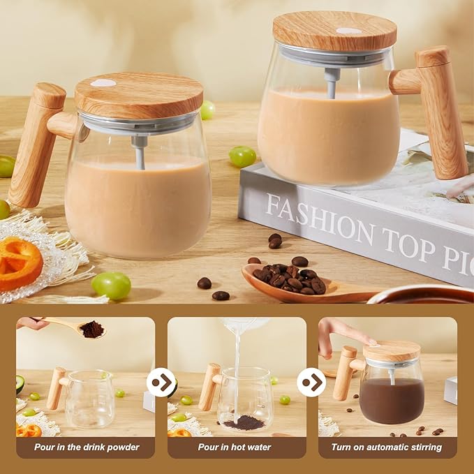 Maxcheck 2 Pcs Self Mixing Coffee Mug with Lid Handle 400ml 13.5oz Automatic Electric Cup 7000 RPM Self Mixing Glass Mug for Coffee Milk Protein Powder Office Home