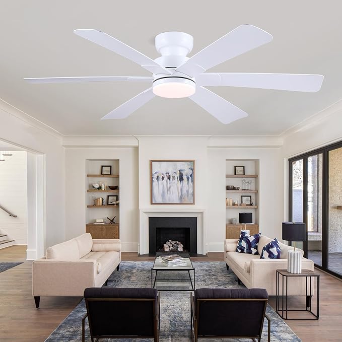 Asyko 52" Low Profile Ceiling Fans with Lights and Remote, White Indoor Ceiling Fan Light with Quiet Reversible DC Motor,Modern Flush Mount Ceiling Fans with Dimmable LED for Bedroom Kitchen
