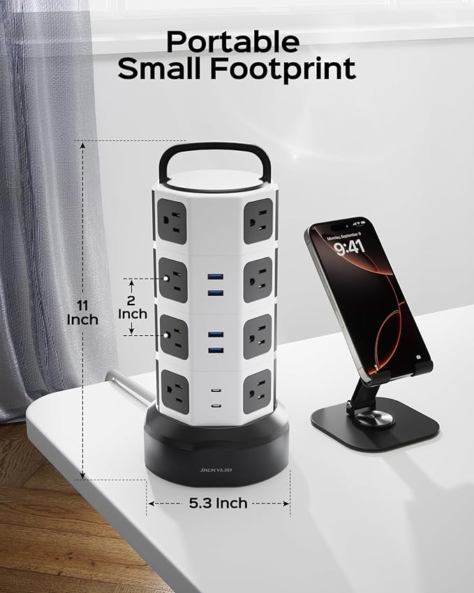 Power Strip Tower Surge Protector - JACKYLED 16 AC Outlets(13A) 6 USB Ports Electric Charging Station, 1050J Surge Electric Tower, 1625W Outlet Extender, 6.5ft Heavy Duty Extension Cord for Home