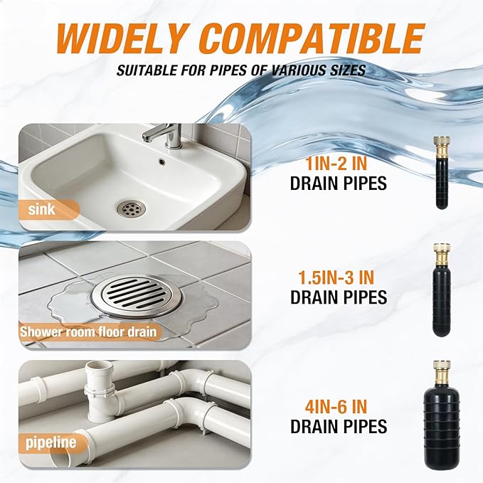 Drain Bladder Kit for Clogged Drains, Drain Unclogger Tool with 10FT Retractable Hose – Includes Shut-Off Valve & Brass Faucet Adapter – Drain King Alternative for 1" to 6" Pipes (Sink, Shower, Pool)