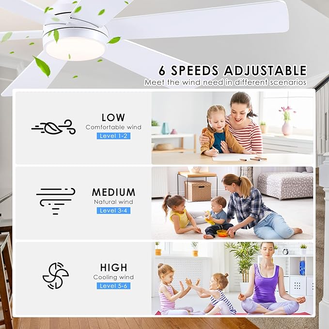 Asyko 46" White Low Profile Ceiling Fan with Light and Remote,Modern Flush Mount Ceiling Fans for Bedroom, Living Room, 6 Speeds, Dimmable, Timer, Quiet Reversible