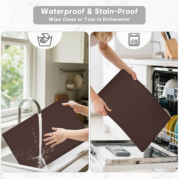 Rnivvi Silicone Coffee Mat, 12" x 19" Waterproof Raised Edge Coffee Bar Mats for Espresso Machine Station Accessories, Heat Resistant Dish Drying Pad for Kitchen Counter, Rubber Bar Decor Pad, Brown