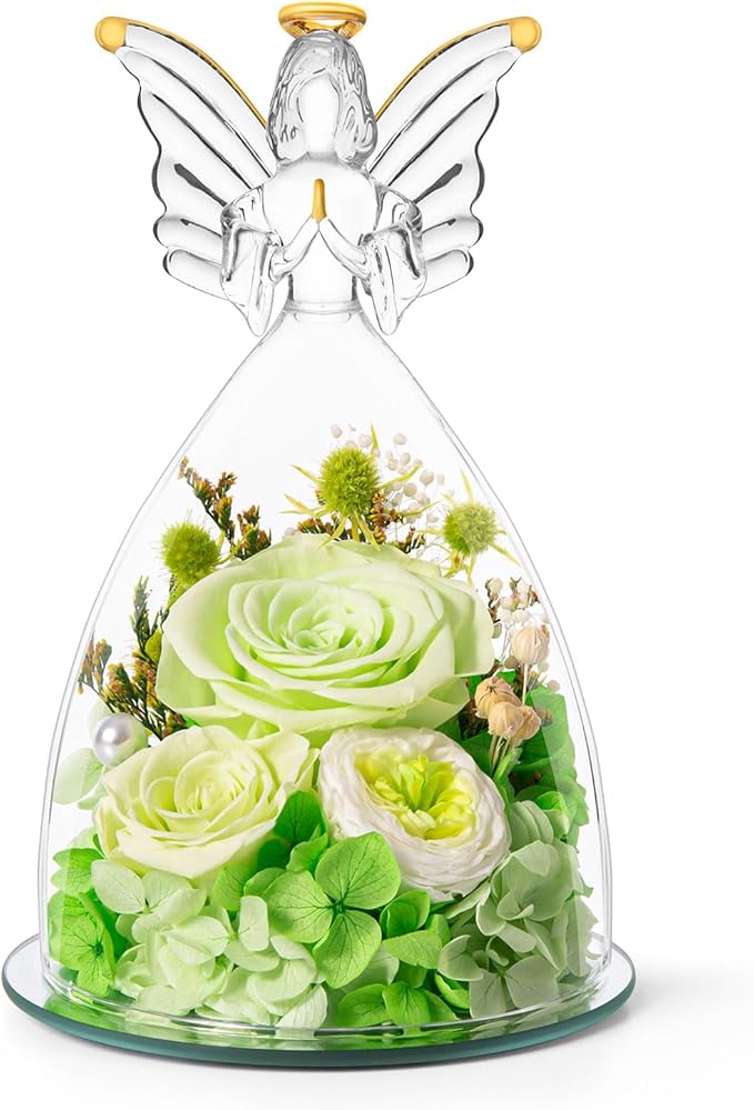 Mothers Day Roses Gifts for Mom Forever Preserved Real Roses Flowers in Glass Angel Figurines Fresh Flowers for Delivery for Grandma Women Mom Wife from Daughter/Green