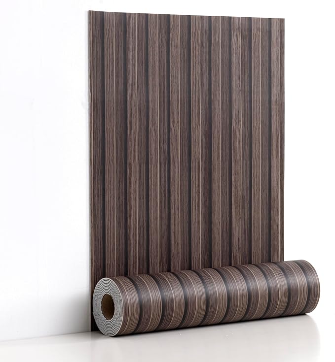 Haimin Wood Grain Slat Wall Panels Peel and Stick Faux Wood Thick Wallpaper 118"x15.75" Waterproof PET & IXPE Foam Paneling (Dark Brown)