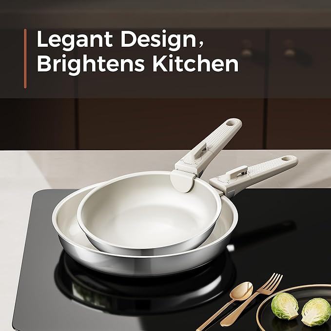16pcs Nonstick Cookware Set, Diamond-Titanium Ceramic Coating & 3 Layer Stainless Steel Pots and Pans Set with Detachable Handle, Dishwasher Safe, Induction Compatible, Oven Safe, White