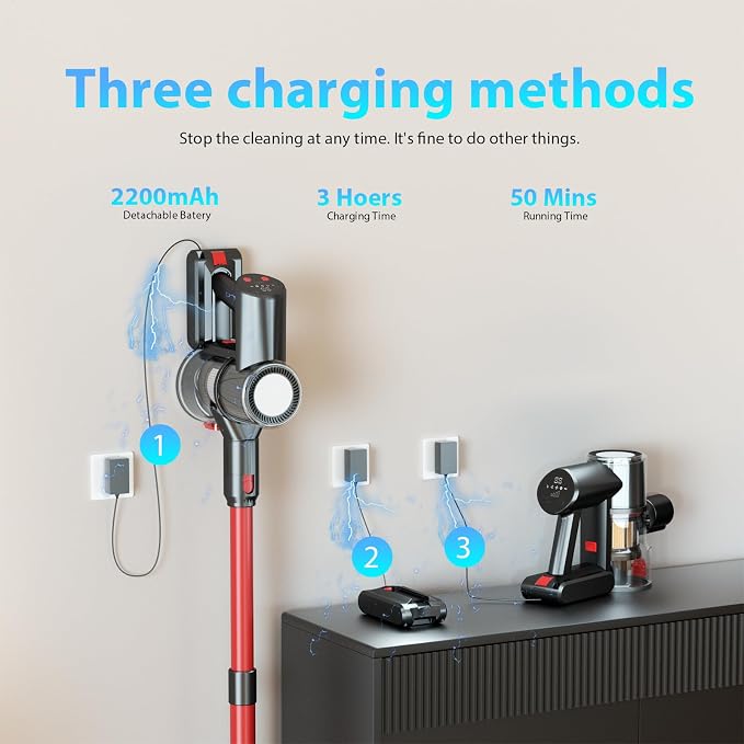 Cordless Vacuum Cleaner, 48Kpa Strong Suction, 50Mins Runtime, Anti-Tangle Brush Roll, 4-in-1 Lightweight Stick Vacuum for Hard Floor Carpet Pet Hair, with LED Display & Wall Mount Charging