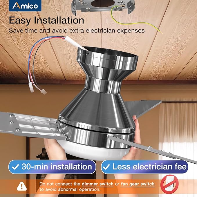 Amico Ceiling Fans with Lights, 52 inch Low Profile Ceiling fan with Light and Remote Control, Flush Mount, Reversible, 3CCT, Dimmable, Noiseless, Nickel Ceiling Fan for Bedroom, Indoor/Outdoor Use