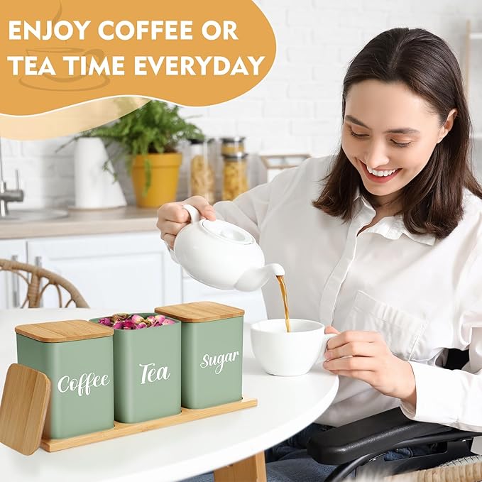 Tioncy Coffee Tea Sugar Container with Tray Set of 3 Airtight Metal Canister with Bamboo Lid Tray for Kitchen Counter Dining Room Farm House Kitchen Style Drink Station Organizer Set (Sage Green)