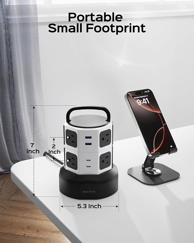 Tower Surge Protector Power Strip, JACKYLED Extension Cord with Multiple Outlets, 8 Outlets 4 USB Ports(2 USB C) 1625W/13A Retractable Cord Charging Station with 1050J Protection, Home Office Supplies