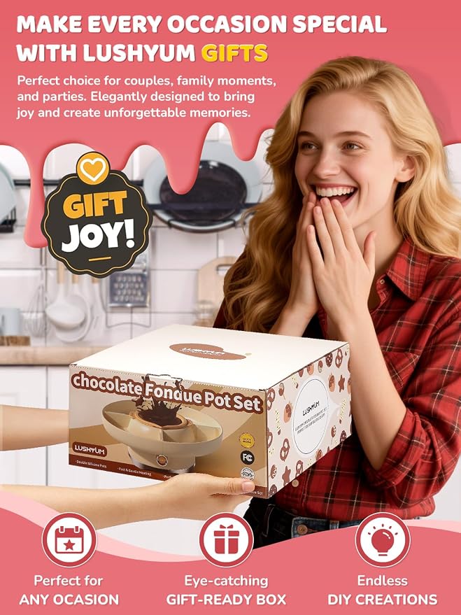 Electric Chocolate Fondue Set, 4-Cup Chocolate, Rotating Tray | Melt & Warm Modes, Dual Silicone Inserts, 6 Color-Coded Forks, Easy-Clean, Ideal for Candy Melts, Couple Family, Movie Night