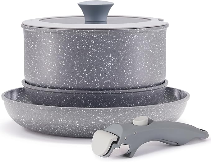 Vkoocy Gray Non Stick Pot and Pan Set with Removable Handle, Ceramic Cookware Set Detachable Handle, 5pcs Induction Kitchen Camping Stackable Pots Pans, Dishwasher/Oven Safe, PTFE/PFAS/PFOA Free