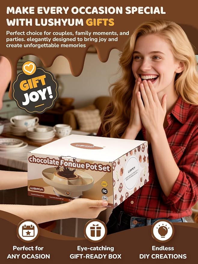 Electric Chocolate Fondue Set, 4-Cup Chocolate, Rotating Tray | Melt & Warm Modes, Dual Silicone Inserts, 6 Color-Coded Forks, Easy-Clean, Ideal for Candy Melts, Movie Night, Game Night