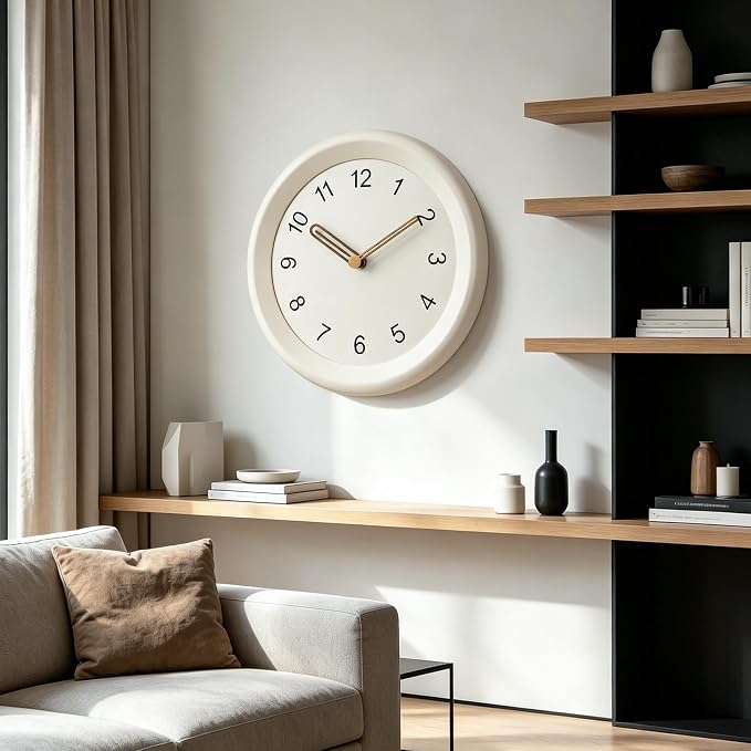 Mosewa 10 Inch White Wall Clock Silent Non-Ticking Quartz Battery Operated Analog Clock with Wood Hands, Easy to Read Minimalist Round Clock for Kitchen Living Room Bedroom Office