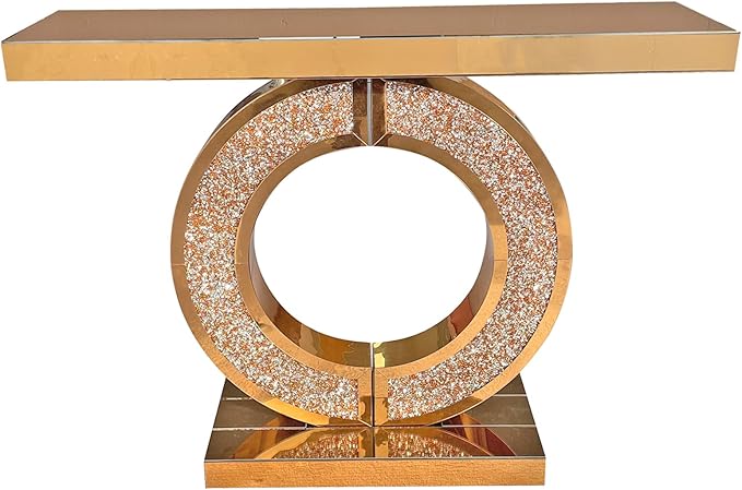 SSLine Mirror Console Table for Living Room 43" Modern Mirrored Entryway Table with Crystal O-Shape Base Luxury Brown Glass Foyer Tables for Entryway Hallway