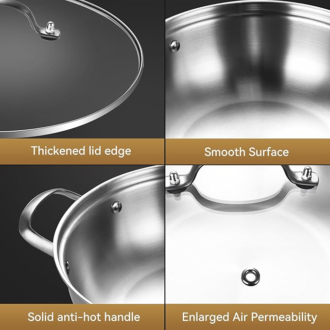 LOLYKITCH 5 QT Tri-Ply Stainless Steel Sauté Pan,12 Inch Deep Frying Pan with Lid,Large Skillet,Jumbo Cooker,Induction Cooking Pan,Dishwasher and Oven Safe.
