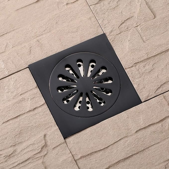 Antrader Odor-Proof Floor Drain, Copper Bathroom Tile Insert Shower Drainer with Removable Strainer Cover, 4-inch Square Anti-Clogging for Kitchen Balcony Garage, Matte Black