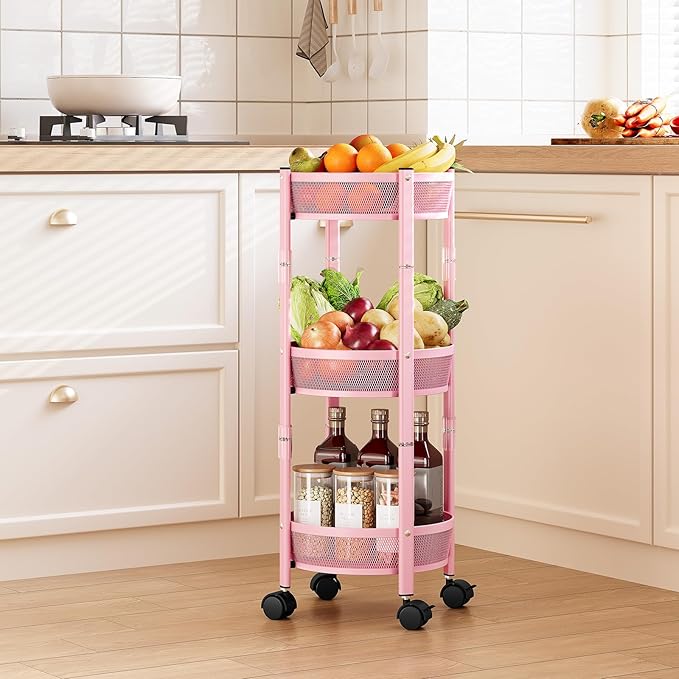 TOOLF 3-Tier Foldable Metal Storage Rolling Cart, Collapsible Utility Cart, No Assemble, Multifunction Organizer Trolley with Lockable Wheels for Kitchen, Living Room, Bathroom, Pink
