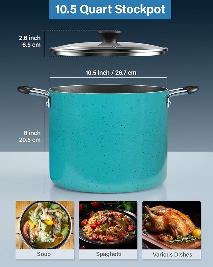 Cook N Home 10.5 Quart Non Stick Stock Pot with Lid, Large Pots for Cooking | Nonstick Soup Pot, Stockpot Induction Cookware - Oven & Dishwasher Safe, Turquoise