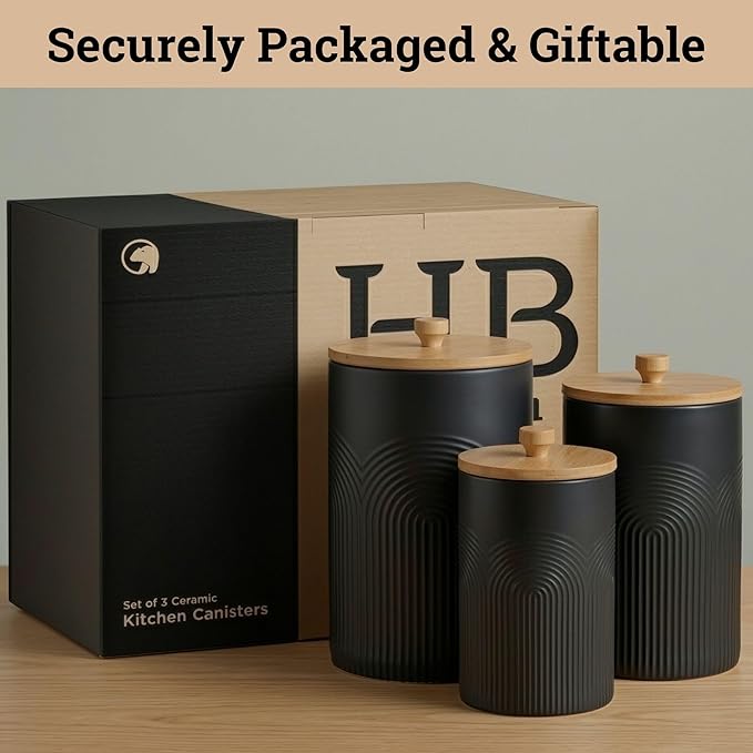 Ceramic Kitchen Canisters for Countertop Set of 3 with Airtight Bamboo Lids - Black Kitchen Canisters with Airtight Lids - Flour Sugar Canister Set - Flour and Sugar Containers Farmhouse - Coffee Jar