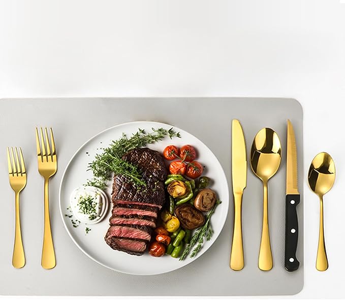 48-Piece Gold Silverware Set with Steak Knives Gold Stainless Steel Flatware Set for 8 Food Grade Tableware Cutlery Set Rust-proof, Mirror Polished, Dishwasher Safe