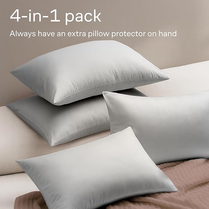 Ultra Soft Pillow Protectors with Zipper King Size - Set of 4 Breathable Pillow Covers - 100% Protection Against Stains, Dust & Dirt - Machine Washable (Light Gray)