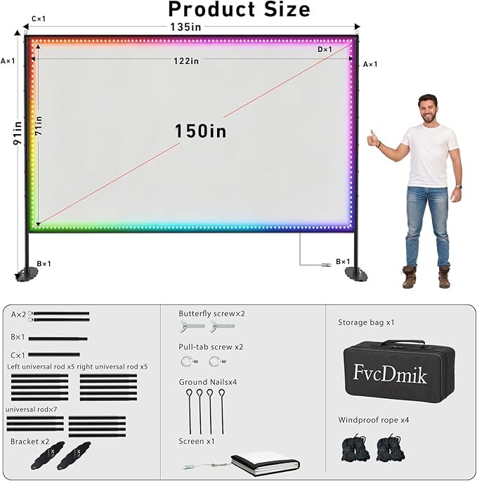 150 inch Projector Screen with Stand, USB String Lights Connection 16:9 4K HD Portable Movie Screen Indoor Outdoor,Wrinkle-Free Foldable Projection Screen for Home Theater Backyard, Office, Travel