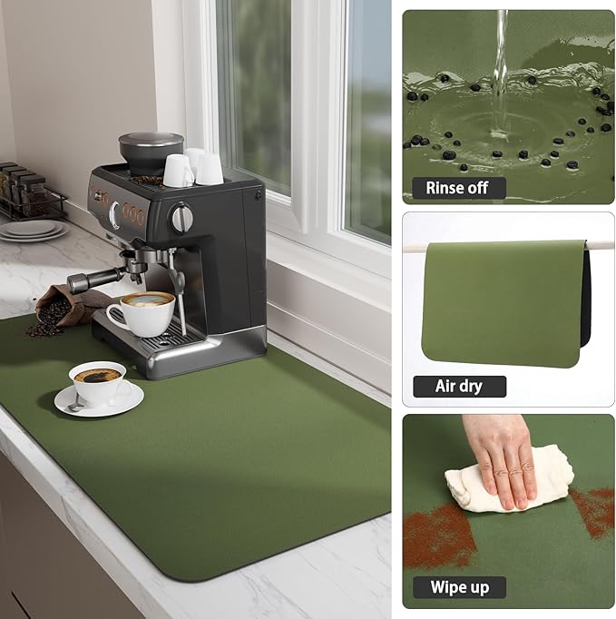 Ecotrim Absorbent Coffee Mat , Stain Hiding PU Leather Surface, Non-Slip Natural Rubber Backing, Quick Dry Mat for Espresso Machine, Kitchen Counter ,Green | 12" x 19"