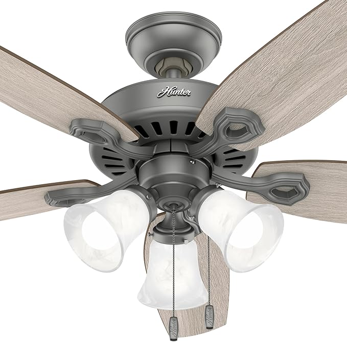 Hunter 52 inch Indoor Ceiling Fan with LED Lights - Ceiling Fan with Pull Chain, For Bedroom or Living Room, Standard Mount, No Remote, 5 Blades, Includes Bulbs - Builder Plus 51110, Matte Silver