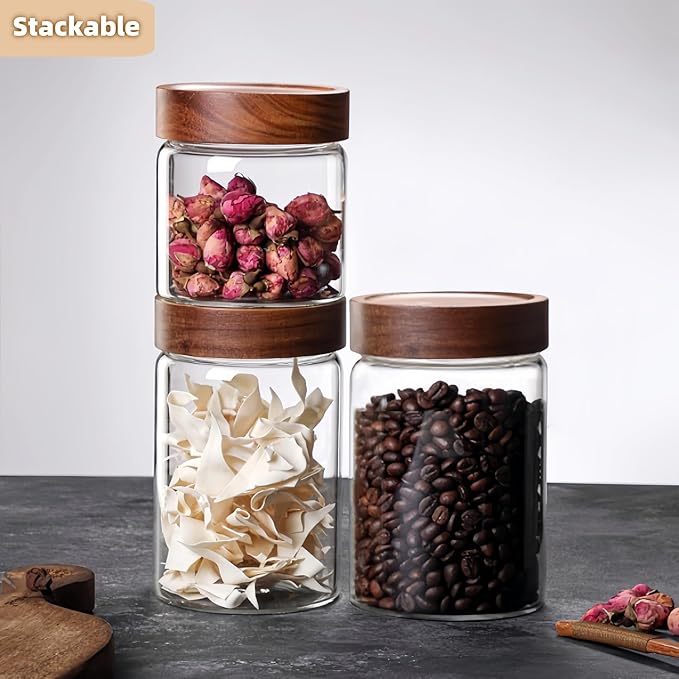 Set of 2 Glass Food Storage Jars, Premium Clear Glass Container Jar with Airtight Wooden Screw-on Lid, Kitchen Canisters for Coffee,Tea,Pasta,Cookies, Nuts,Spice,Candy,Overnight Oatmeal