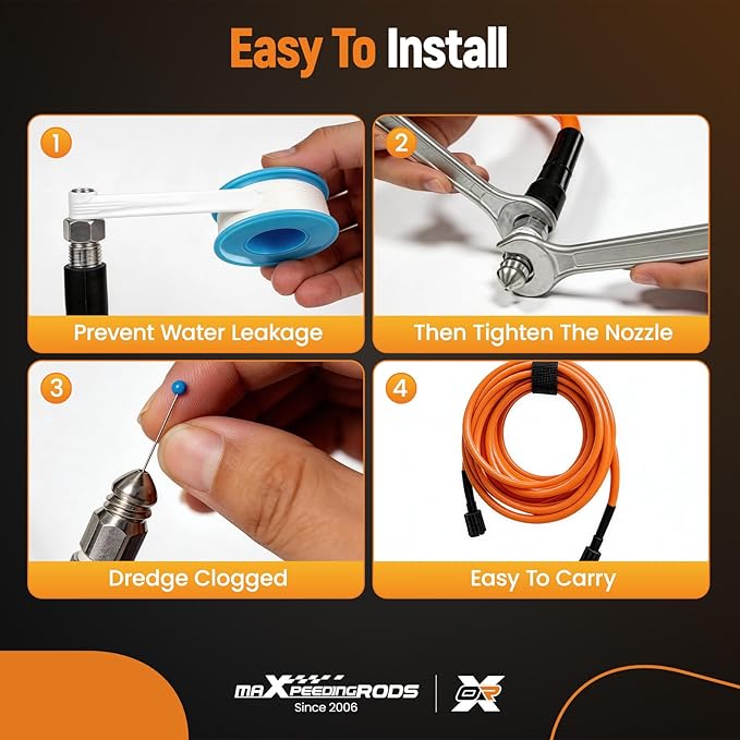 maXpeedingrods Sewer Jetter Kit for Pressure Washer 50FT, 5800PSI Drain Cleaner Hose 1/4 Inch NPT Corner, Rotating and Button Nose Sewer Jetting Nozzles with Spanner Waterproof Tape Pearl Corsage Pin