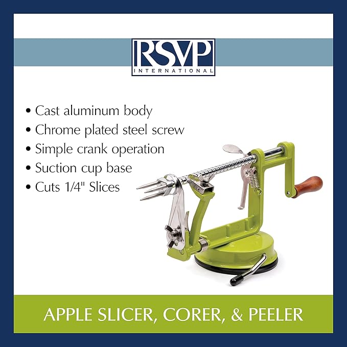RSVP International Green Apple Slicer, Corer, & Peeler | Suctions to Countertop | Cuts Perfect .25" Slices | Durable & Strong