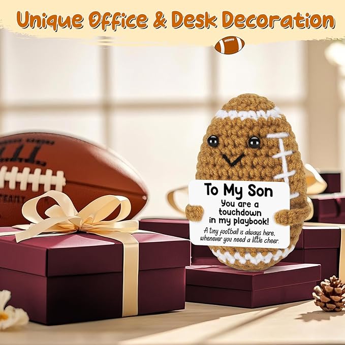 BiuNiuring Mini Funny Son Fathers Day Birthday Gifts from Mom Dad, Handmade Crochet Graduation Gifts for Teens Boys, Positive Football Doll Cheer Up with Inspirational Card Gift for Adults Son in Law