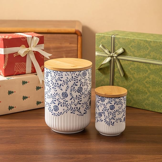 Canisters Sets for the Kitchen - 2 Pcs 74/18 oz Ceramic Kitchen Containers for Countertop with Airtight Wood Lids - Flour and Sugar Containers for Coffee Tea Spice Beans Cookie Jars - Blue
