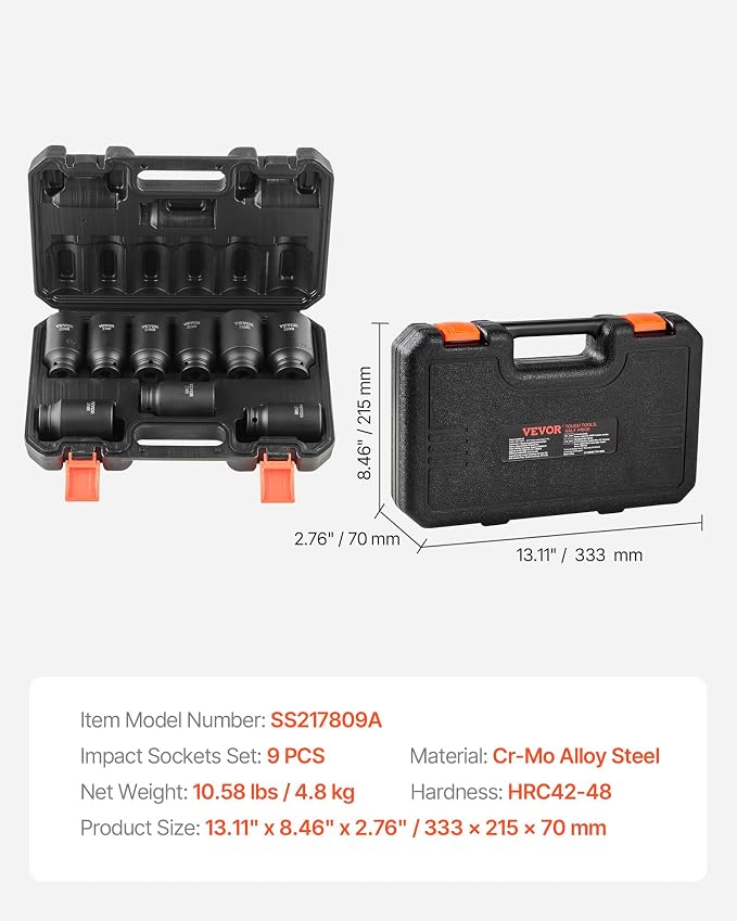 VEVOR 1/2" Drive Impact Socket Set, 9 Piece Deep Socket Set Metric 29-38mm, 6 Point Cr-Mo Spindle Axle Nut Impact Socket Set for Auto Repair,Easy-to- Read Size Markings, Includes Storage Case