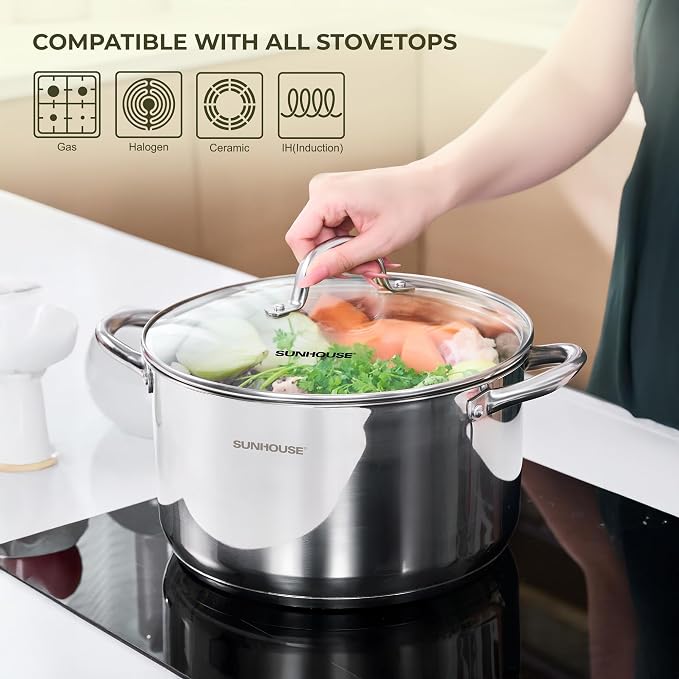 SUNHOUSE 12 Quart Stock Pot with Lid, Stainless Steel Large Pot for Cooking | Big Pots for Pasta, Soup - Stockpot for Canning, Seafood Boil with Impact Bonded Base - Oven Safe & Induction Compatible