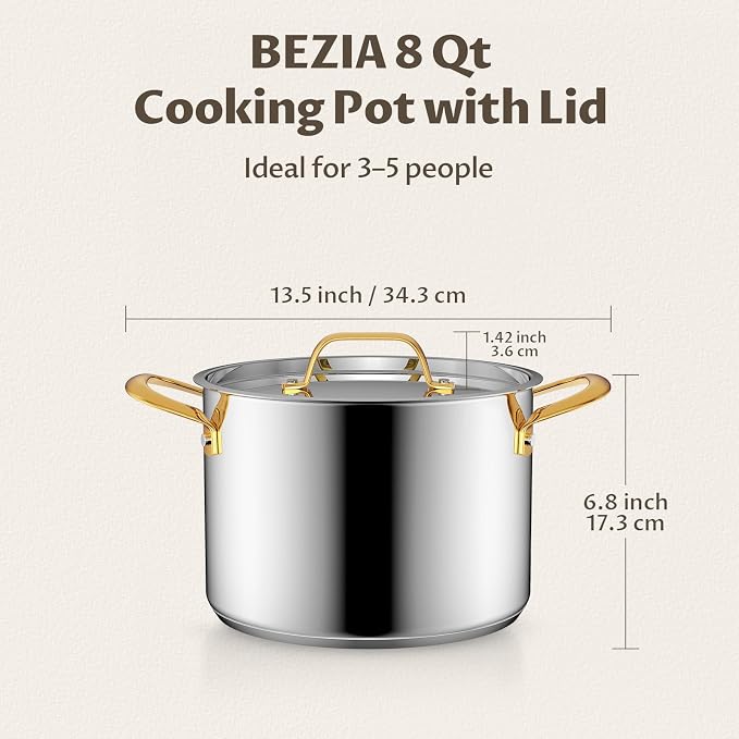 BEZIA 8 QT Stainless Steel Stock Pot with Lid, Uncoated Cooking Pot | Tri-ply Base for Even Heat, Works on All Stoves, Oven & Dishwasher Safe, for Whole Chicken & Bone Broth, Blanching & Boiling
