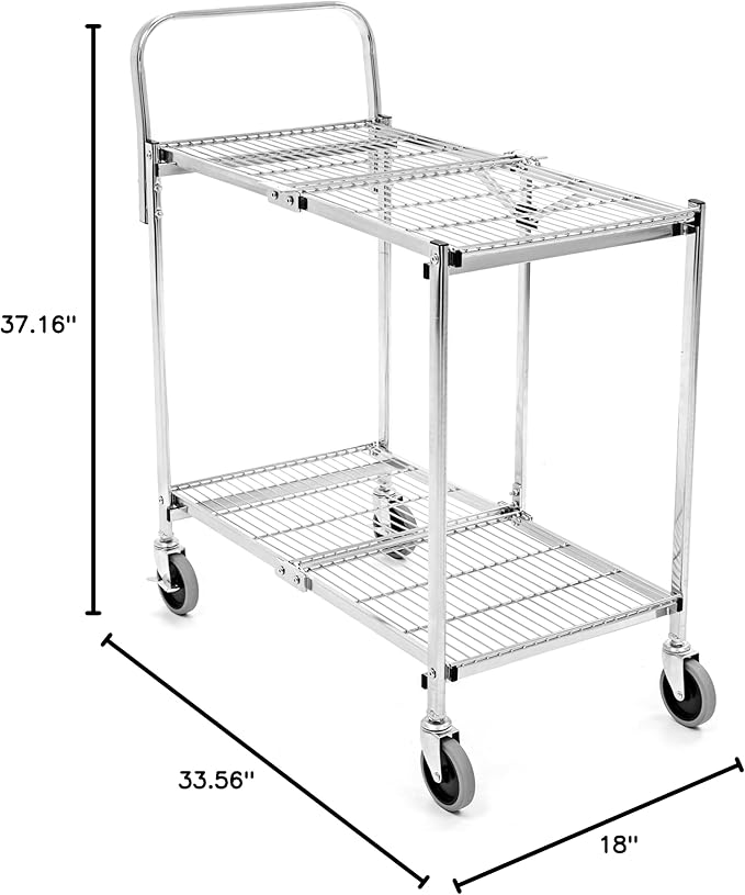 Stand Steady Original Tubstr Collapsible 2 Shelf Wire Cart, Easy to Push Heavy Duty Rolling Utility Cart, Folds Up for Storage, Commercial Grade (Chrome, 33.56” D x 18” W x 37.16” H)