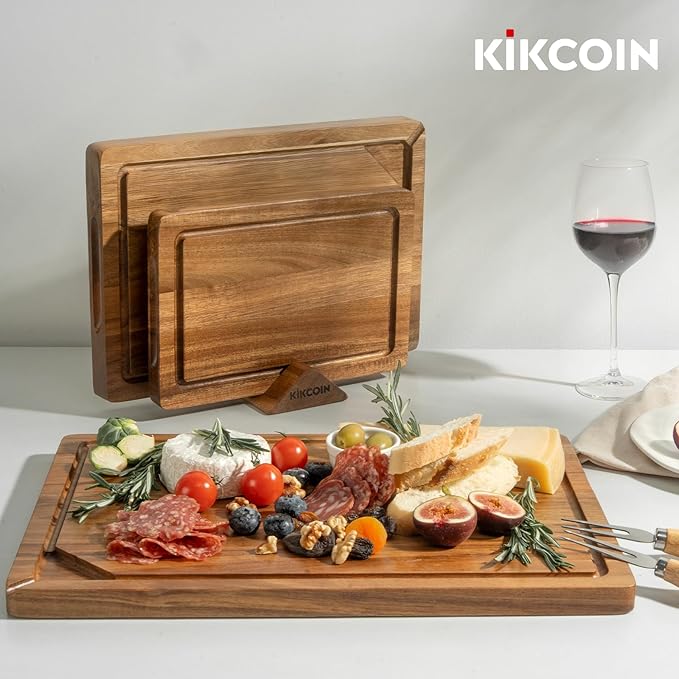 Kikcoin Acacia Wood Cutting Boards for Kitchen, 3 PCS Wooden Cutting Board Set with Holder, Chopping Board with Compartments and Juice Groove, Solid Charcuterie Boards Serving Tray Wood Butcher Block
