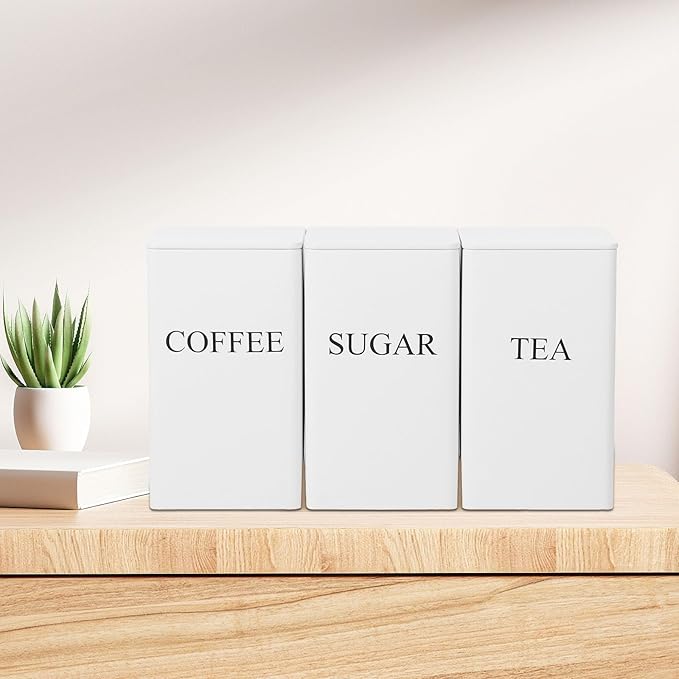 3Pcs Tea Coffee Sugar Canisters Set, Metal Coffee and Sugar Containers, Versatile Kitchen Storage Jars with Airtight Lids, Space Saving Food Canisters Set for Home Kitchen (White)